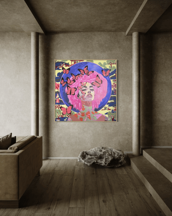 Artwork by Henrix showing a pink‑haired woman with an electric‑blue halo surrounded by butterflies.